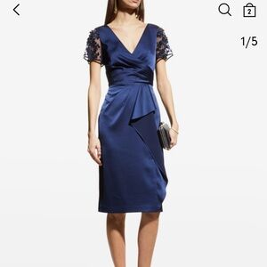 Aidan Mattox Womens Satin Navy Beaded Sleeve V-Neck Cocktail Dress Sz 14 NWT